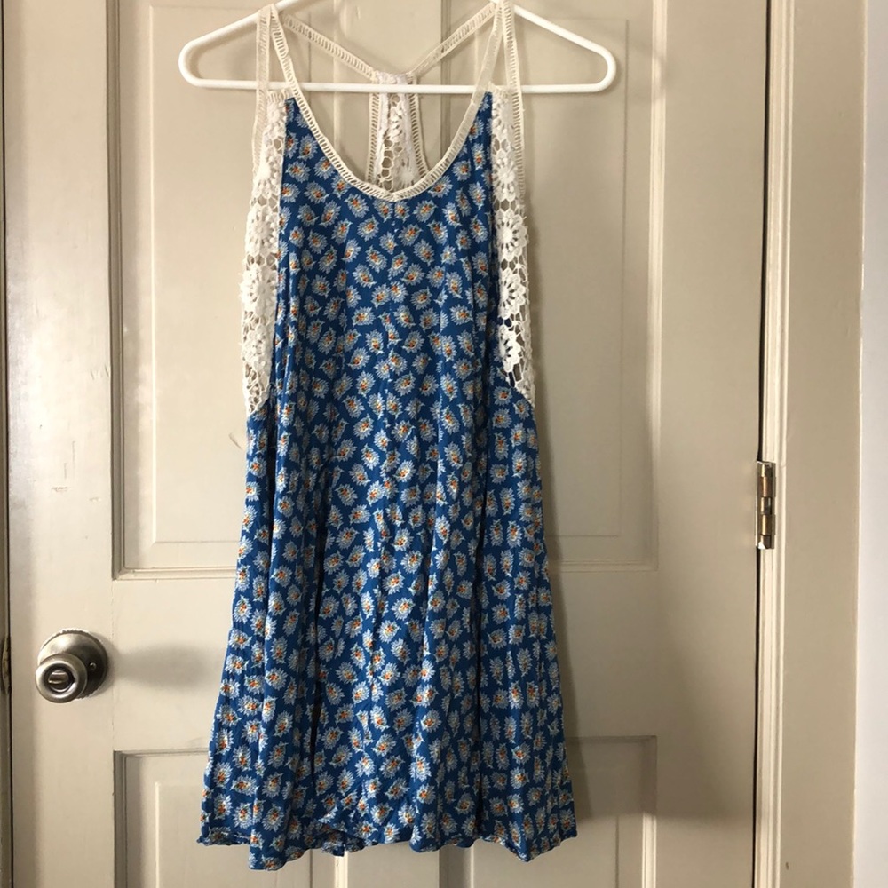 Blue floral print dress with crochet detailing